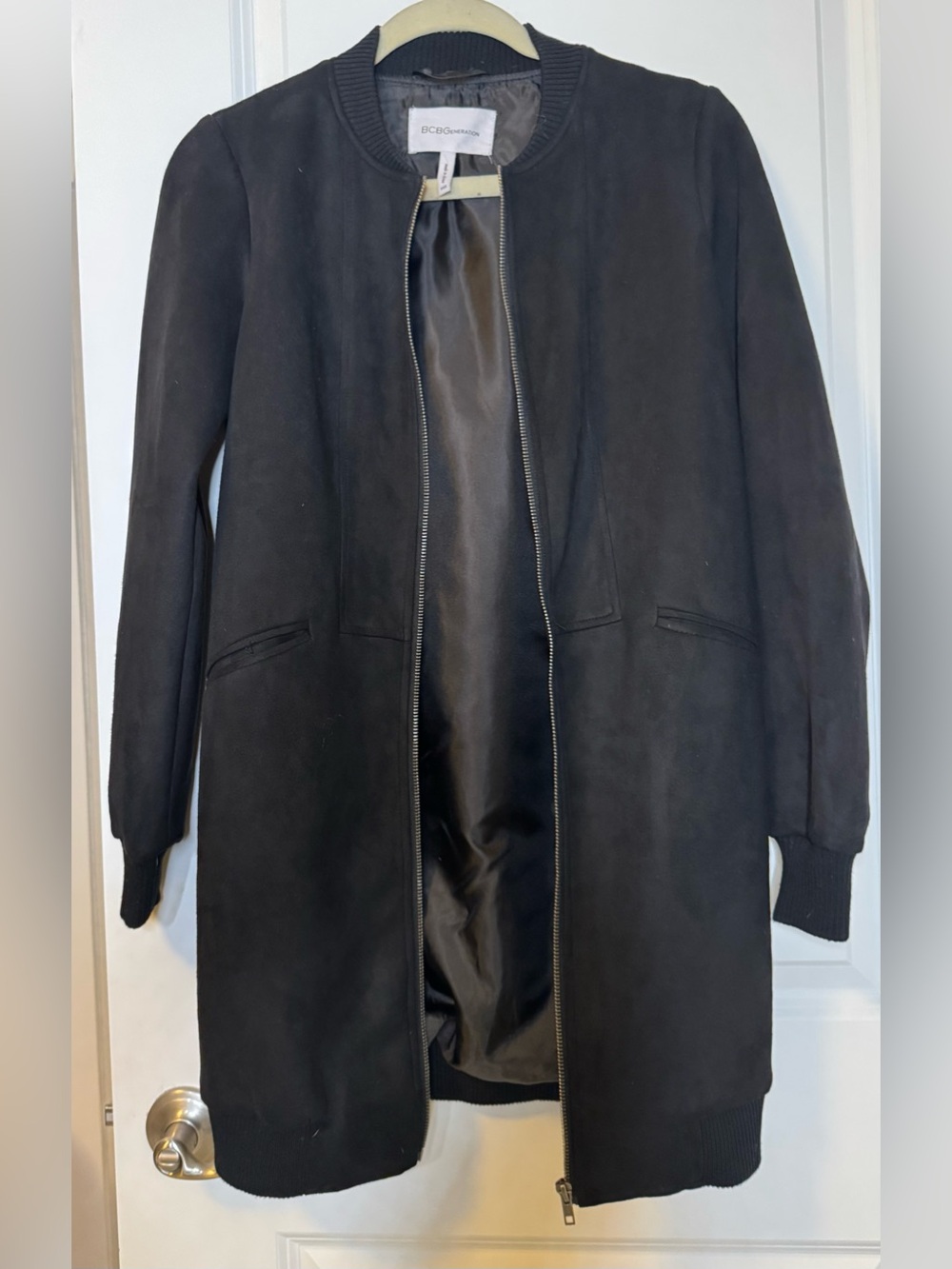 BCBGeneration Faux Suede Long Bomber Jacket Size XXS Black Longline runs large - Picture 5 of 13